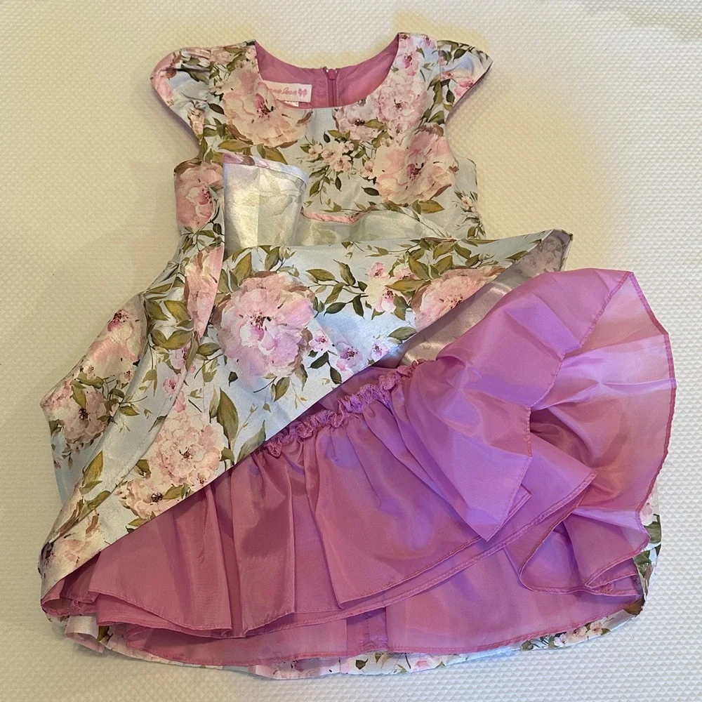 Bonnie Jean‎ Ruffled Pink Lt Blue Floral Layered Party Dress Lined Bright Pink